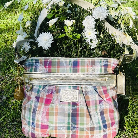 Coach Poppy Daisy Madras Pastel Tartan Plaid Crossbody Purse - Picture 3 of 16